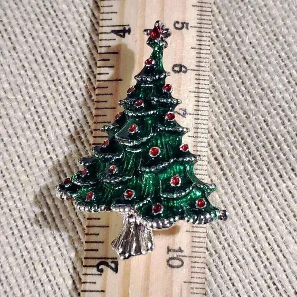Y2K 90s Red Green Silver Enamel Christmas Holiday Tree Brooch Sweater Pin